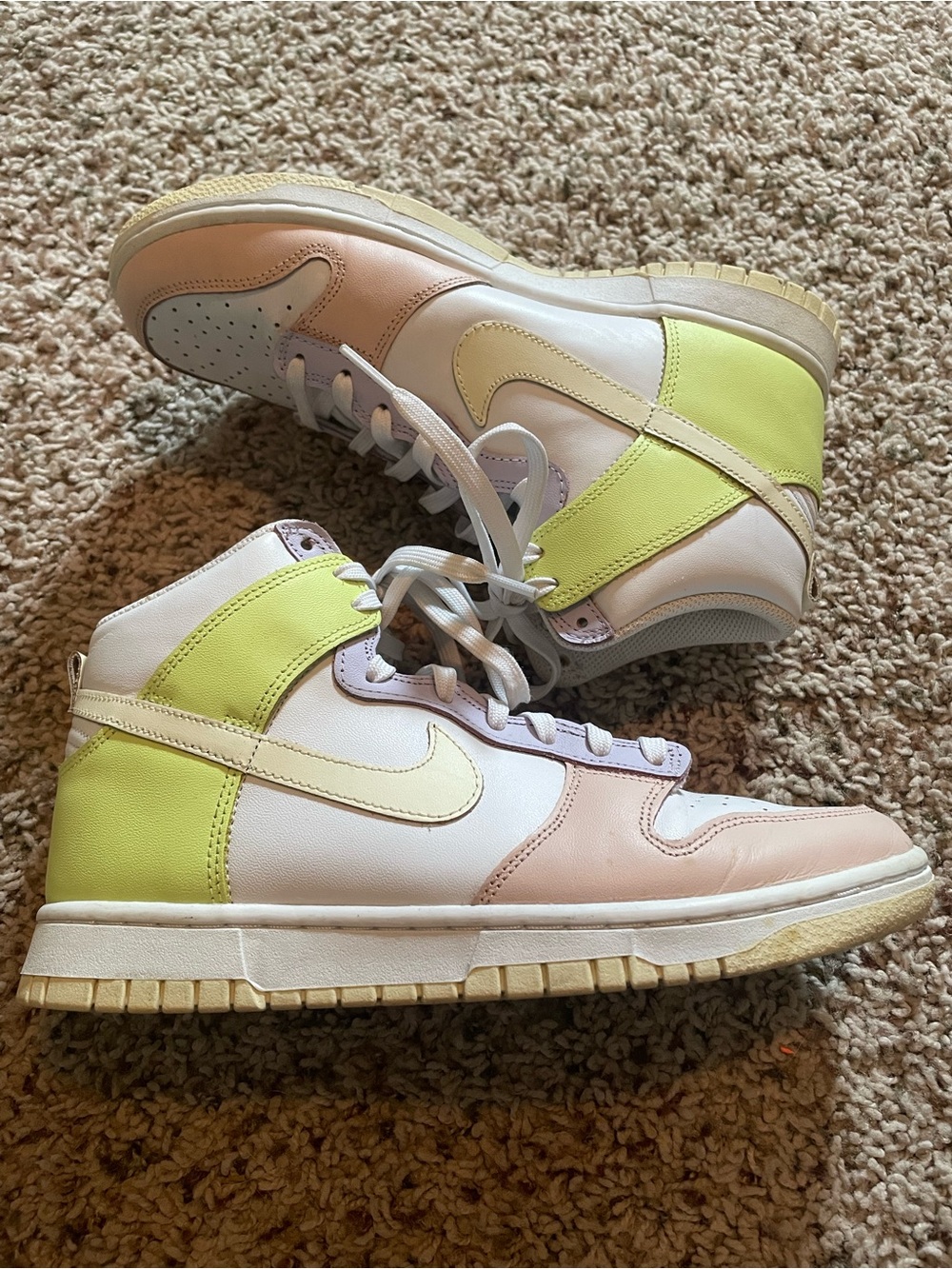Nike Dunk High High-Top Sneakers in Pastel Pink, White & Neon Yellow size 8.5